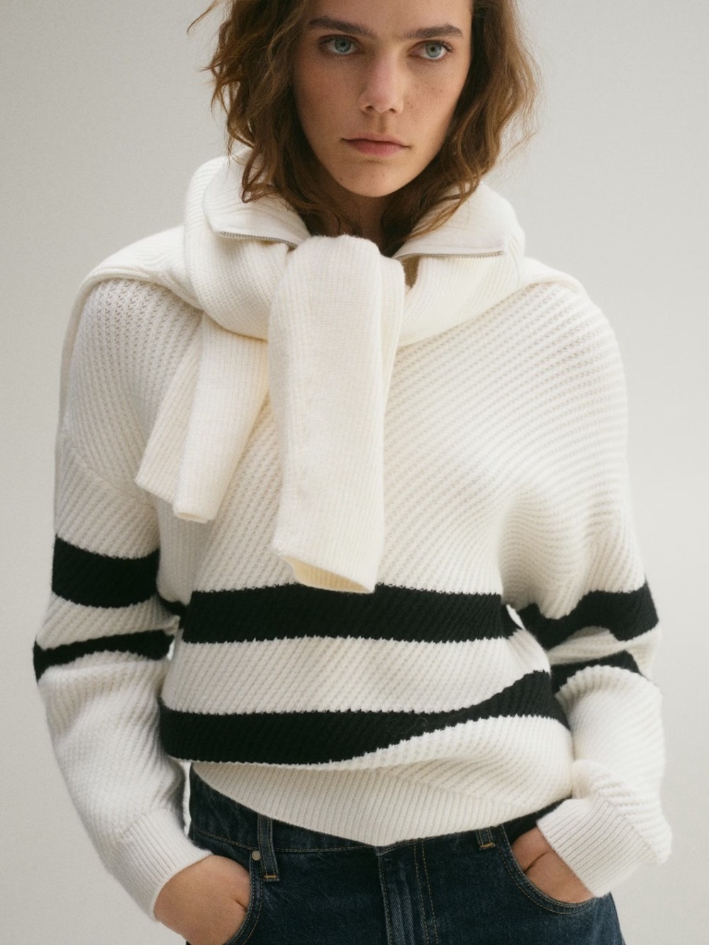 NWT XL Mango MNG STRIPED RIBBED-KNIT ZIP SWEATER White $70